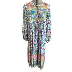 R. Vivimos Boho Floral Maxi Dress Peacock Design M Long Sleeve Gypsy Peasant